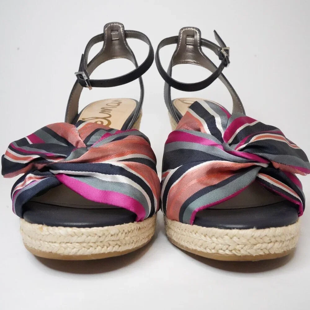 Sam Edelman, Aubrey Espadrille Wedge Striped Bow‎ Sandal, Navy, Pink, Tan